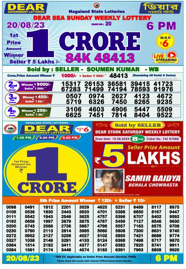 Lottery Sambad Day Result 6 PM 20.8.2023