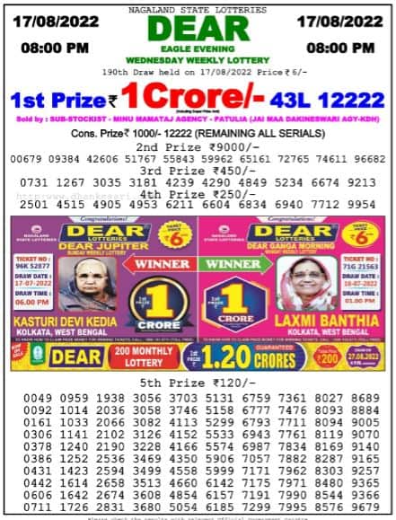 Lottery Sambad 17.8.2022 Today Result 1 PM, 6 PM, 8 PM