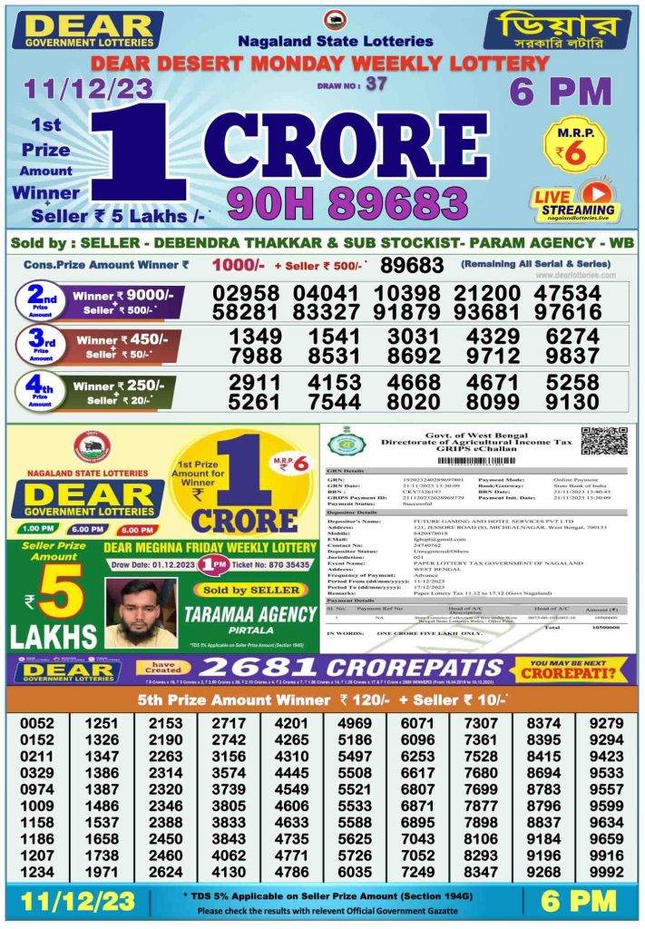 Lottery Sambad Day Result 6 PM 11.12.2023