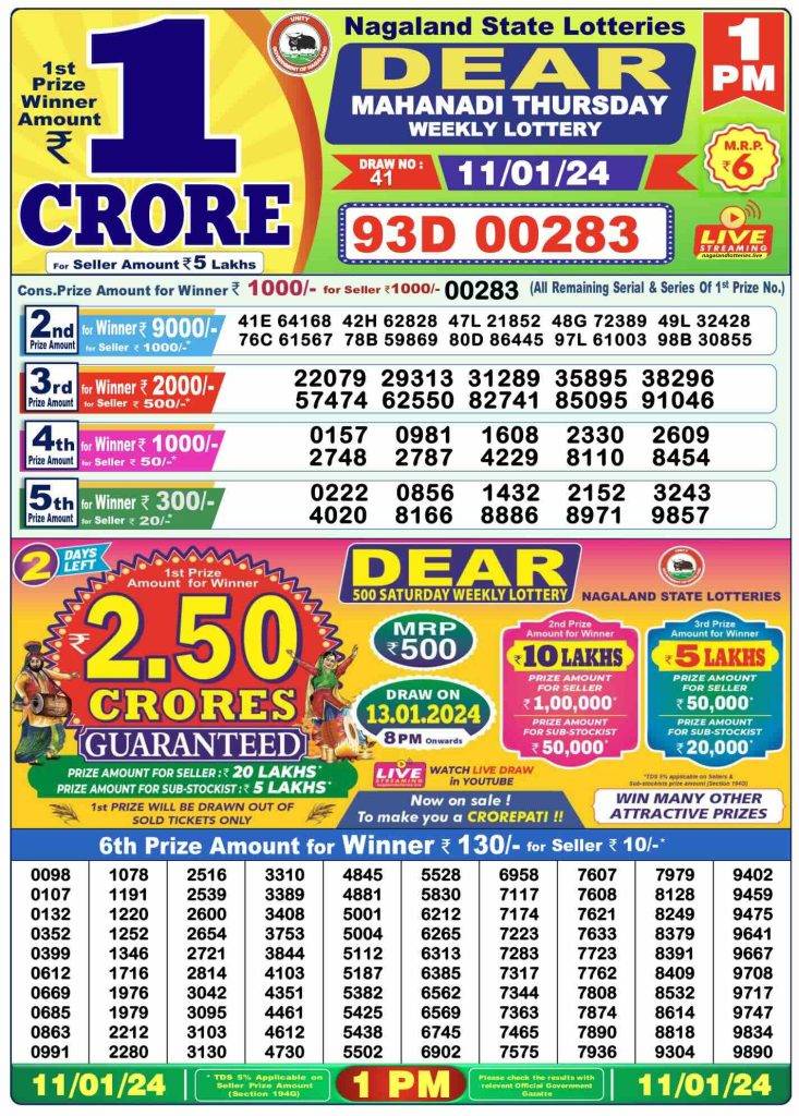 Lottery Sambad Morning Result 1 PM 11.1.2024