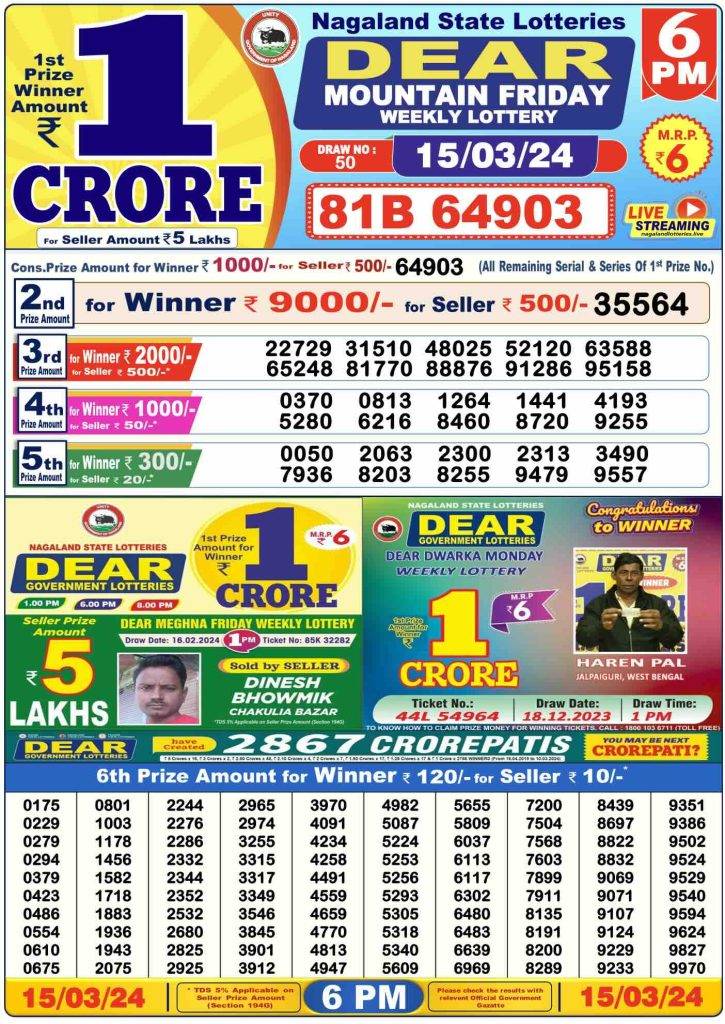 Lottery Sambad Day Result 6 PM 15.3.2024