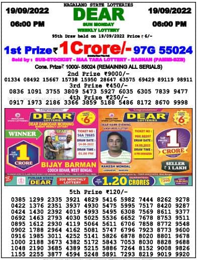 Lottery Sambad Day Result 6 PM 19.9.2022