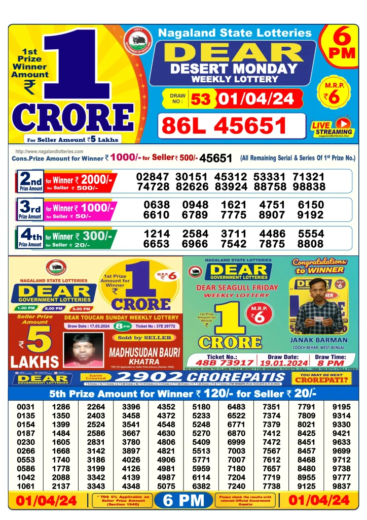 Lottery Sambad Day Result 6 PM 1.4.2024