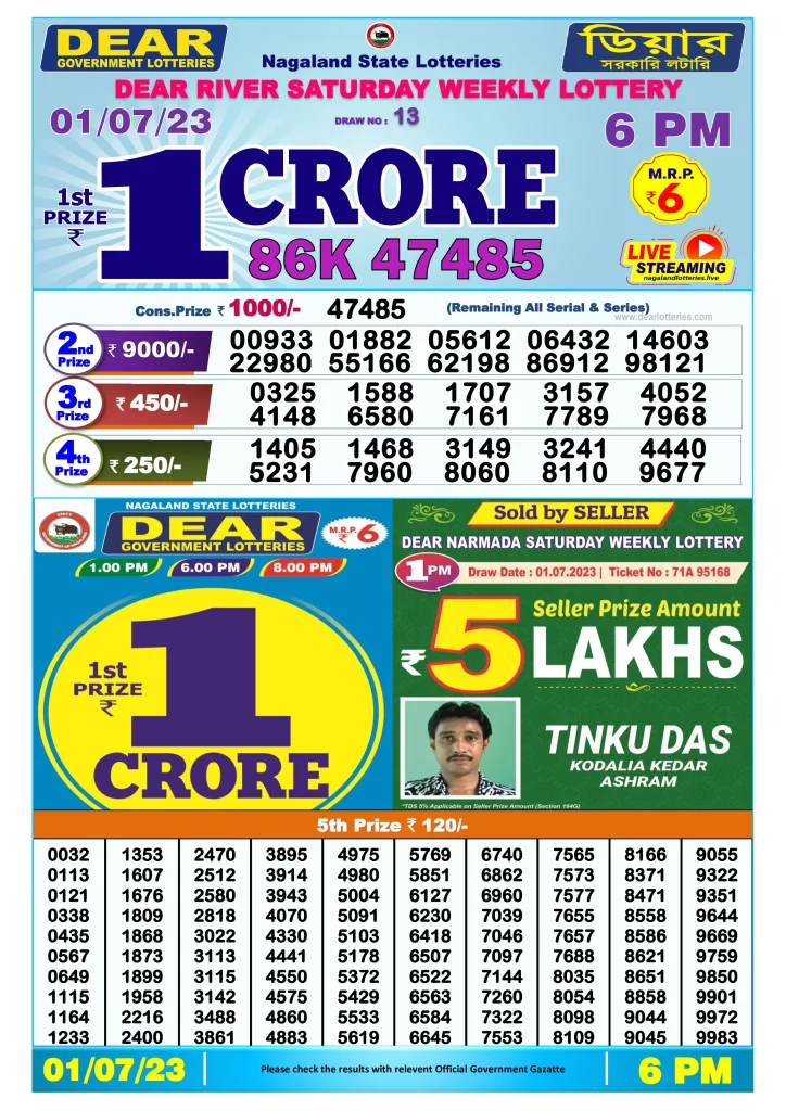 Lottery Sambad Day Result 6 PM 1.7.2023