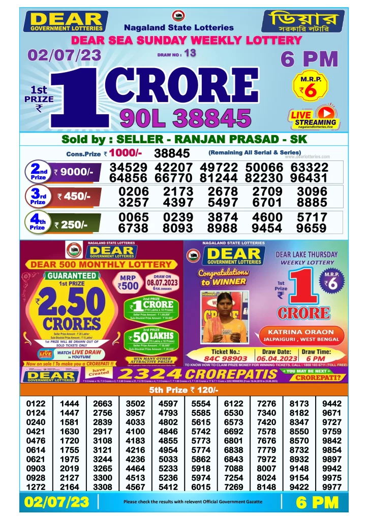 Lottery Sambad Day Result 6 PM 2.7.2023