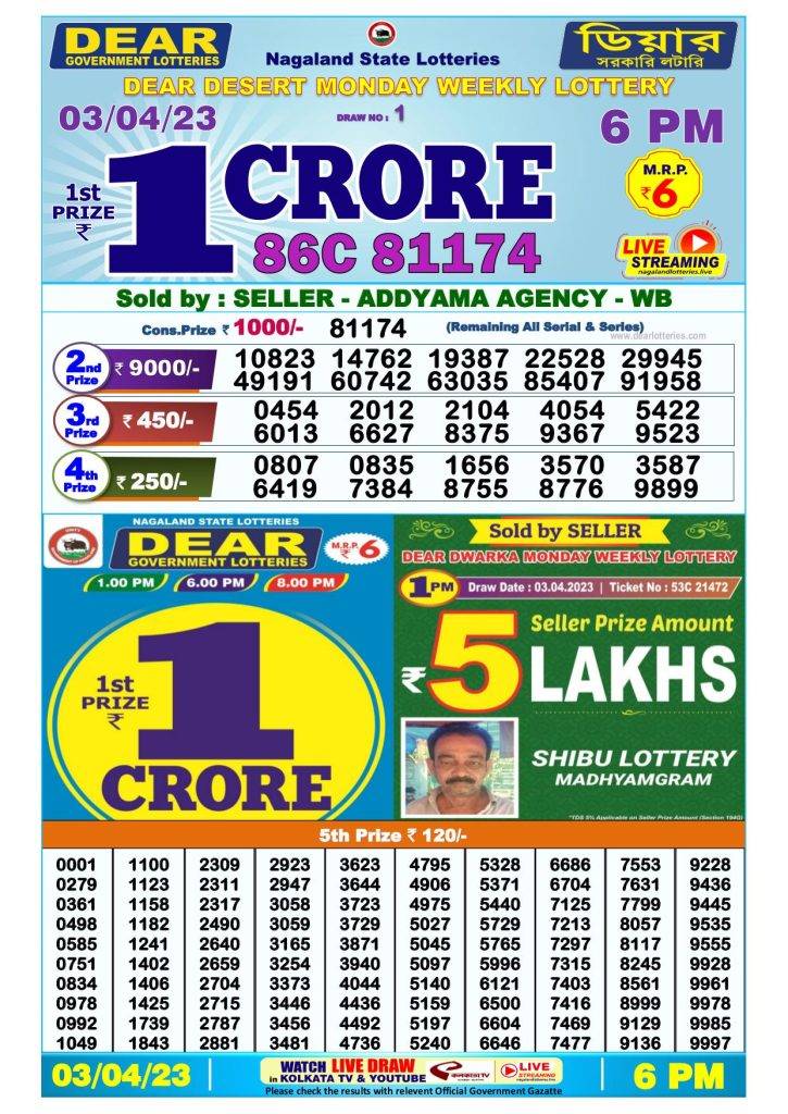 Lottery Sambad Day Result 6 PM 3.4.2023