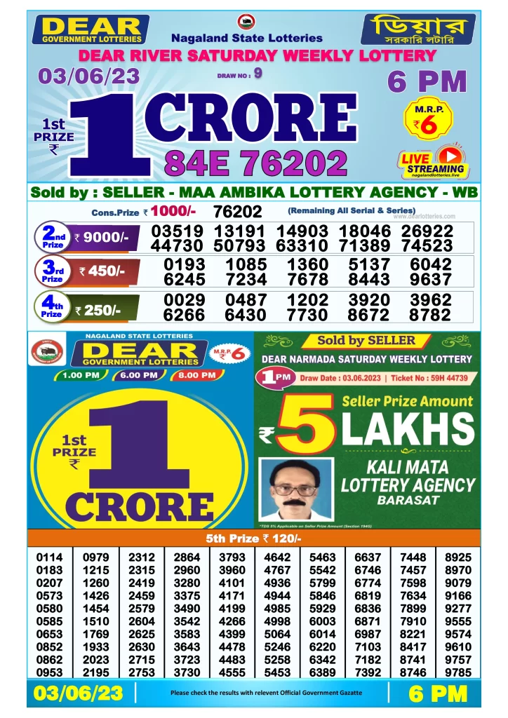Lottery Sambad Day Result 6 PM 3.6.2023