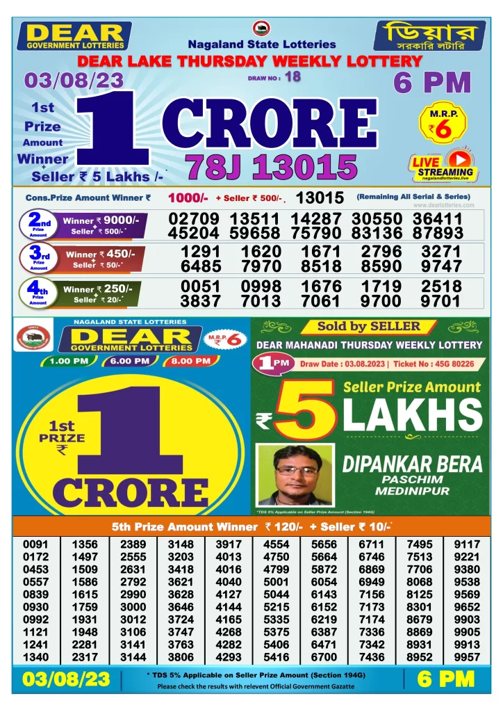 Lottery Sambad Day Result 6 PM 3.8.2023