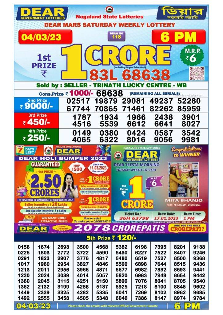 Lottery Sambad Day Result 6 PM 4.3.2023