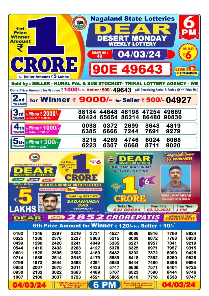 Lottery Sambad Day Result 6 PM 4.3.2024