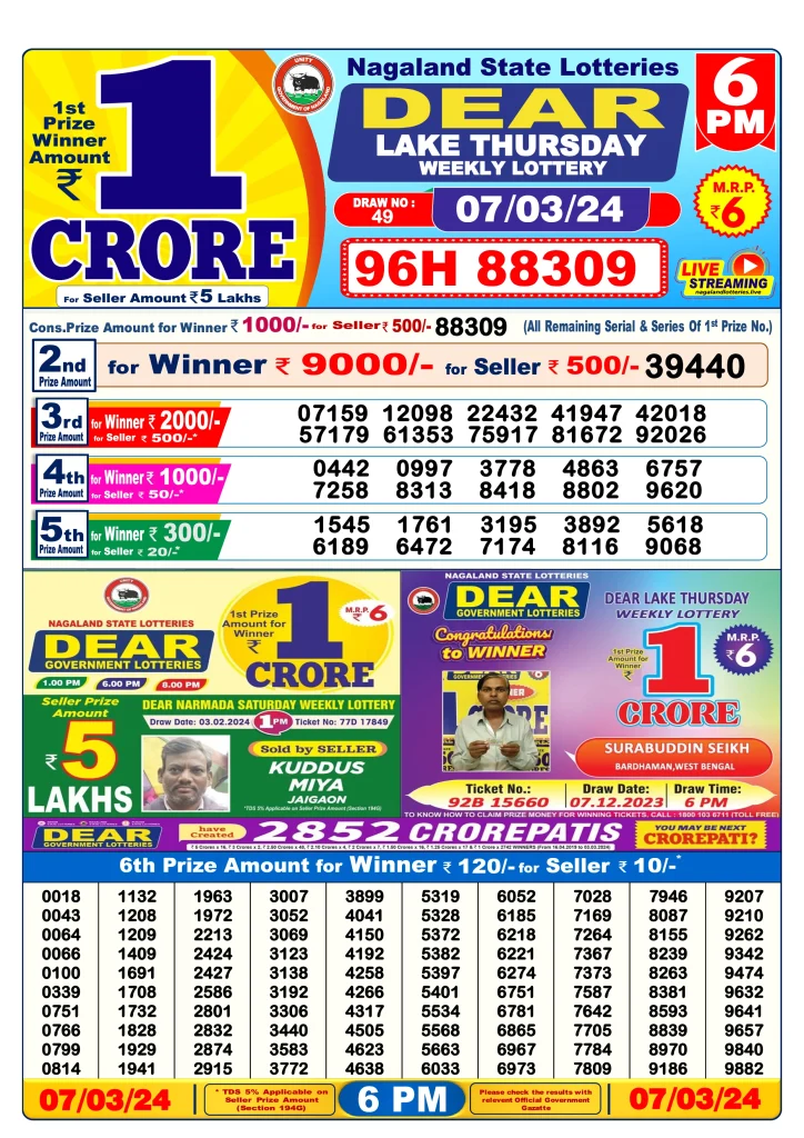 Lottery Sambad Day Result 6 PM 7.3.2024