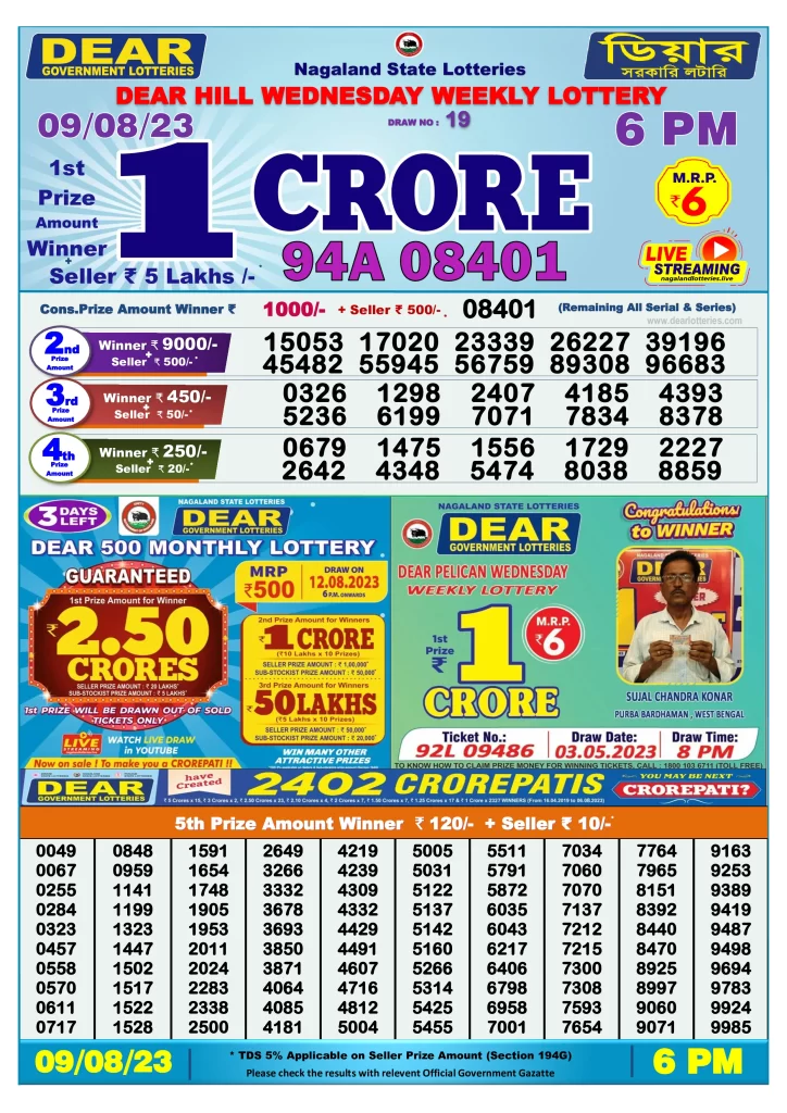 Lottery Sambad Day Result 6 PM 9.8.2023