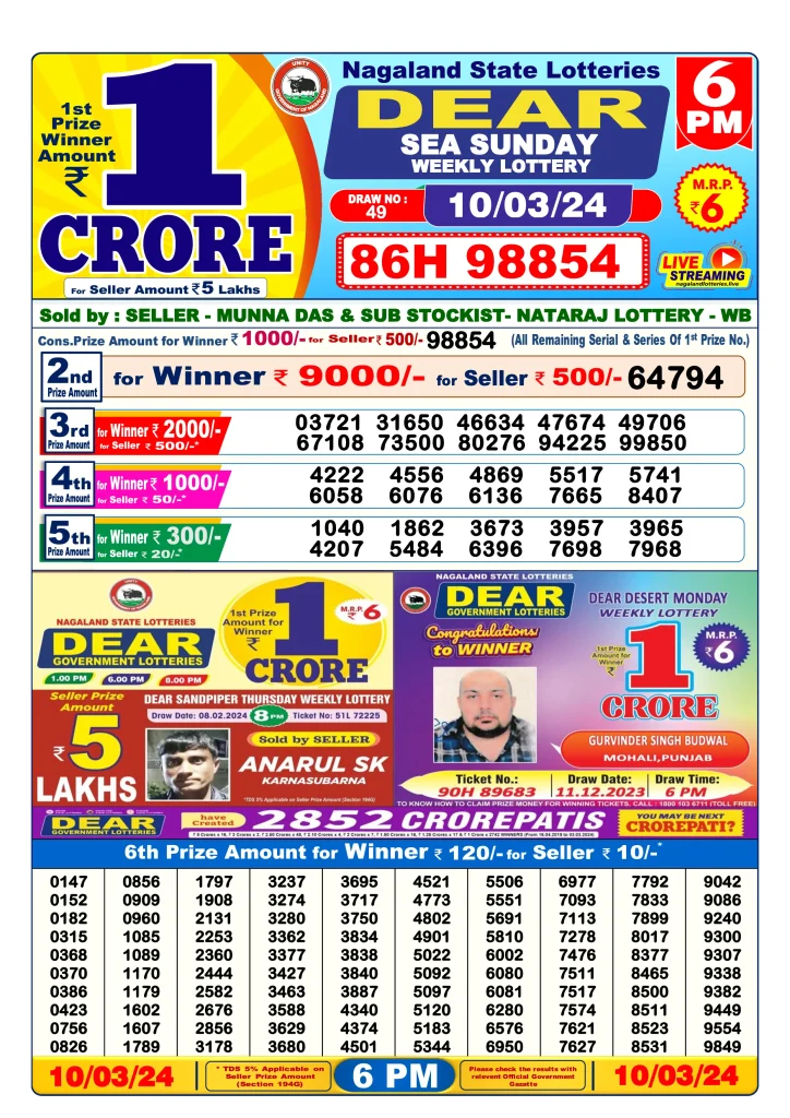 Lottery Sambad Day Result 6 PM 10.3.2024