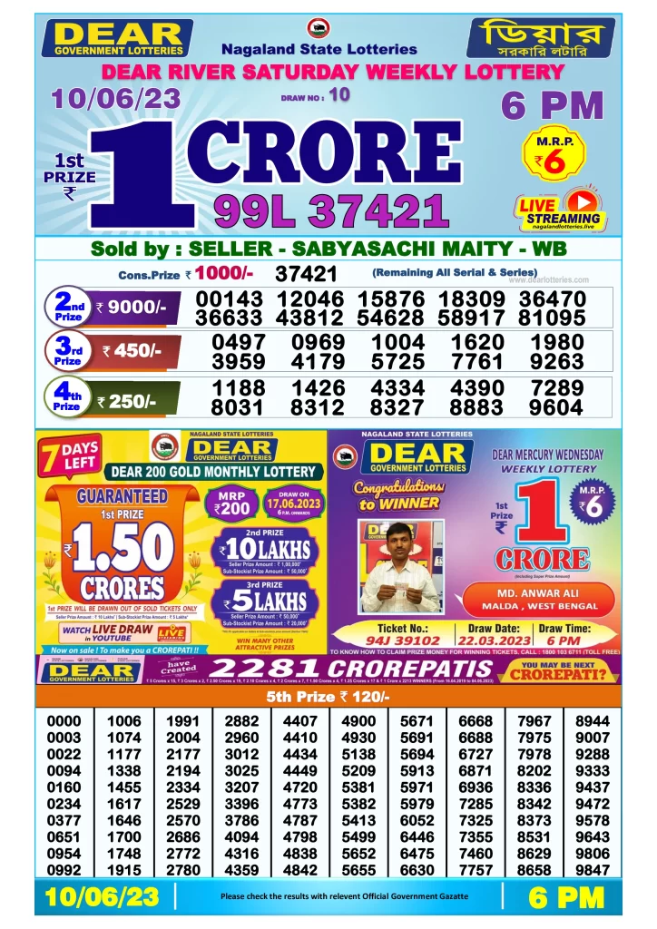 Lottery Sambad Day Result 6 PM 10.6.2023