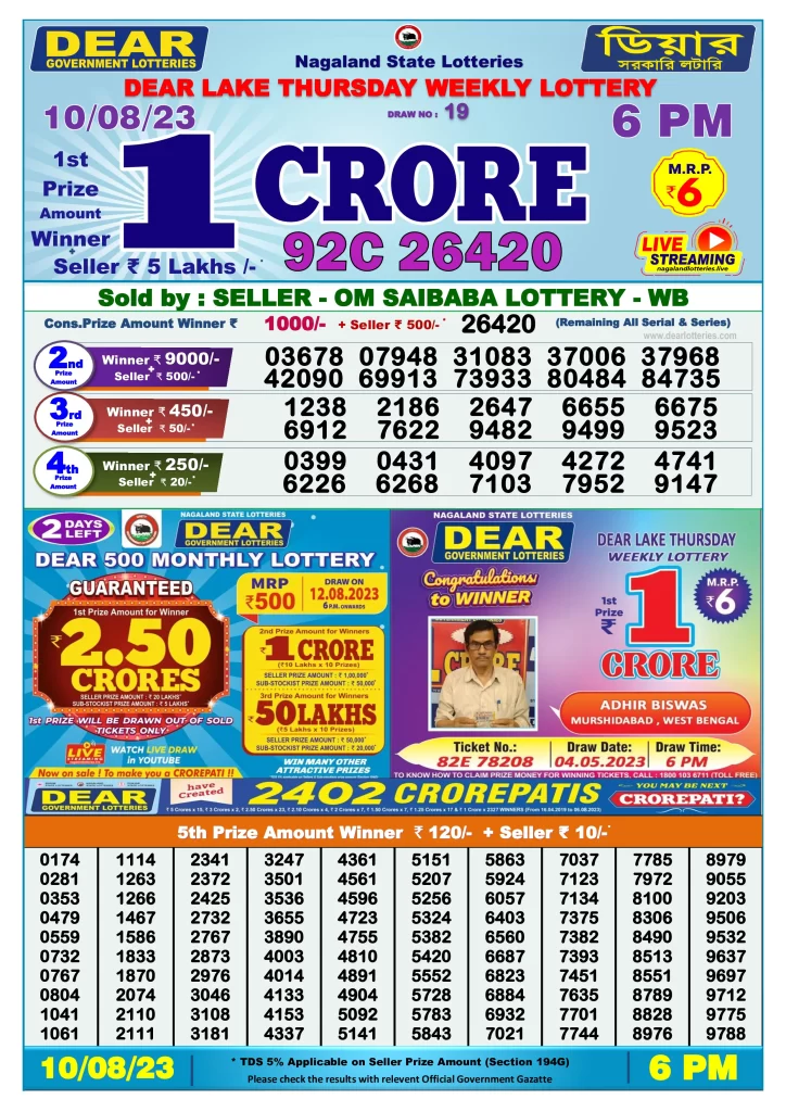 Lottery Sambad Day Result 6 PM 10.8.2023