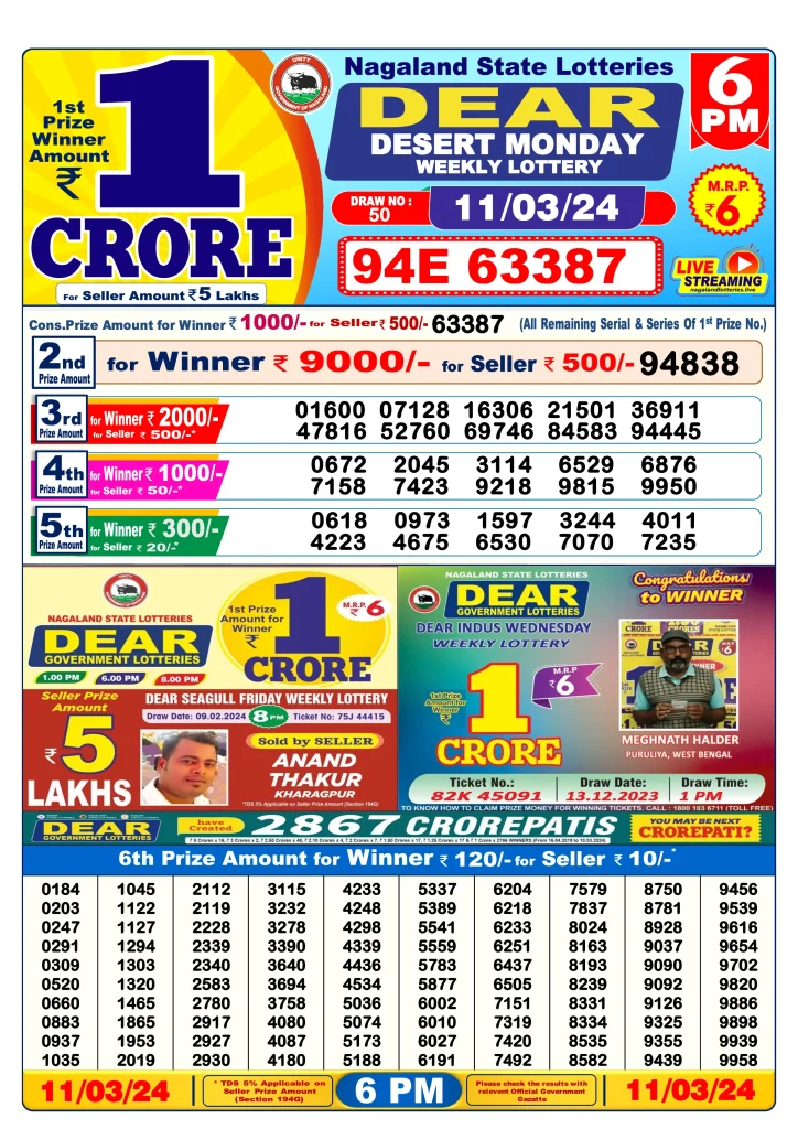 Lottery Sambad Day Result 6 PM 11.3.2024