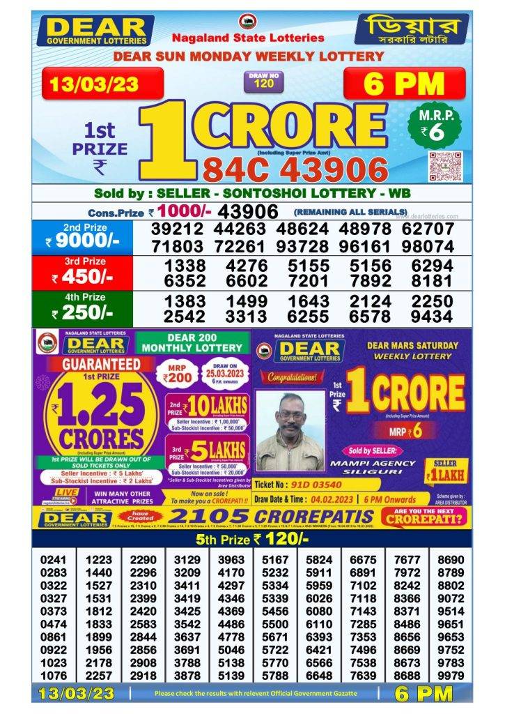 Lottery Sambad Day Result 6 PM 13.3.2023