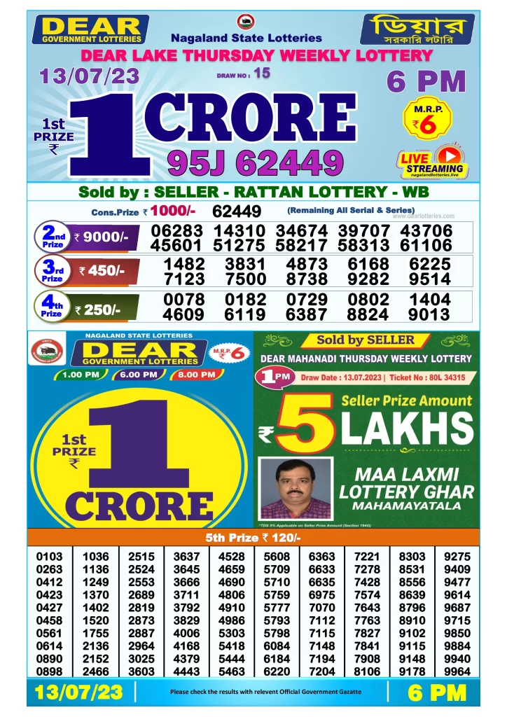 Lottery Sambad Day Result 6 PM 13.7.2023