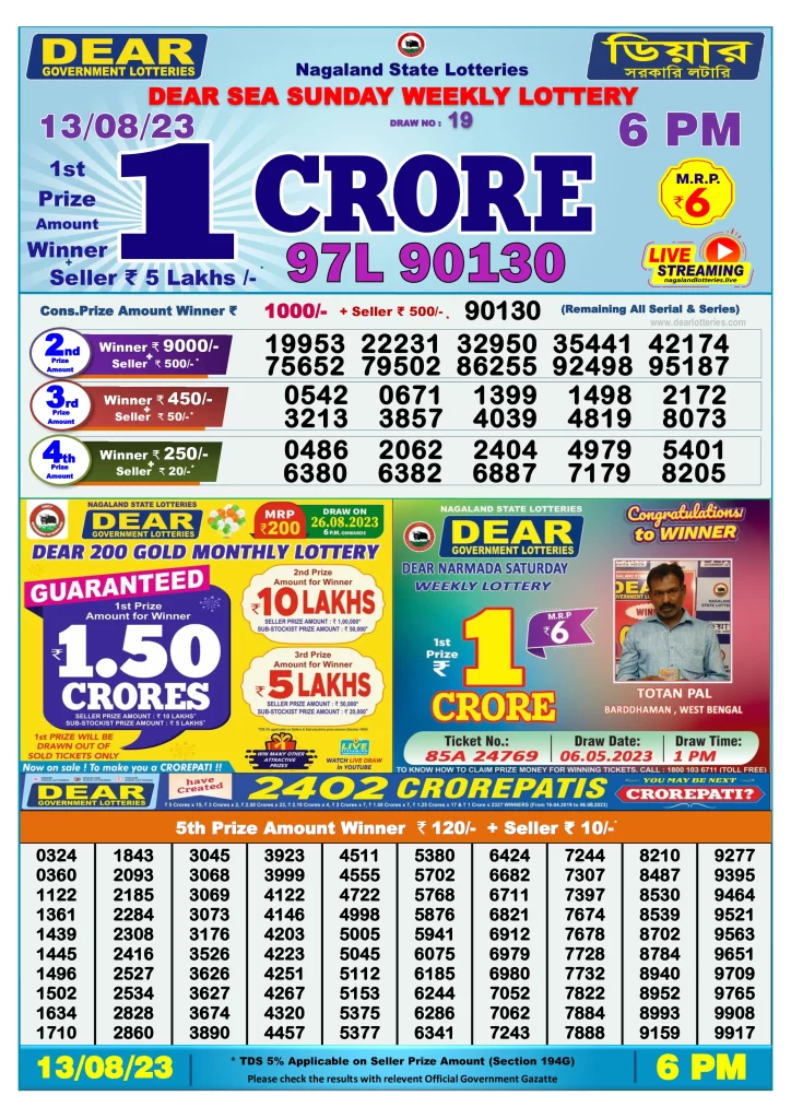 Lottery Sambad Day Result 6 PM 13.8.2023
