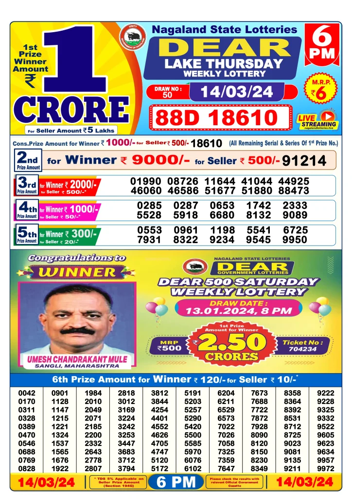 Lottery Sambad Day Result 6 PM 14.3.2024