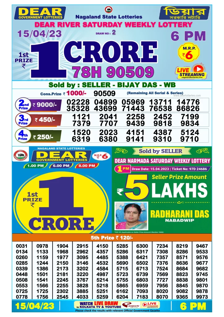 Lottery Sambad Day Result 6 PM 15.4.2023