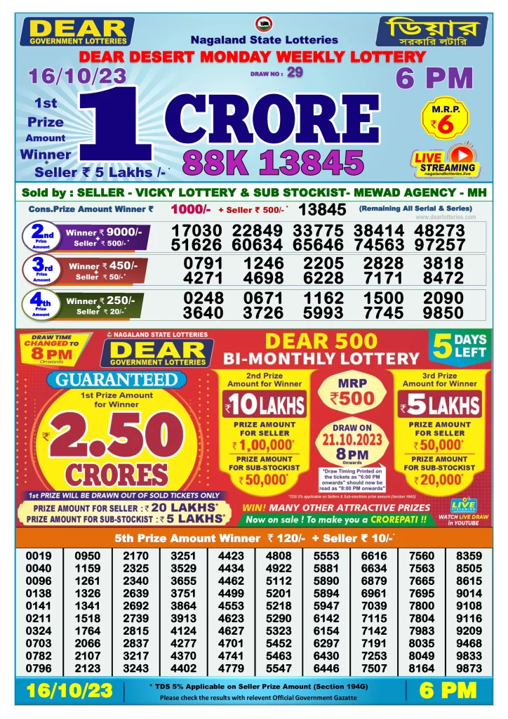 Lottery Sambad Day Result 6 PM 16.10.2023