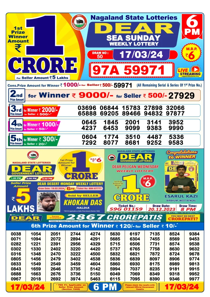 Lottery Sambad Day Result 6 PM 17.3.2024