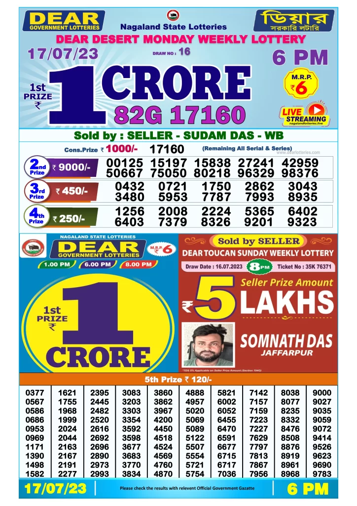 Lottery Sambad Day Result 6 PM 17.7.2023