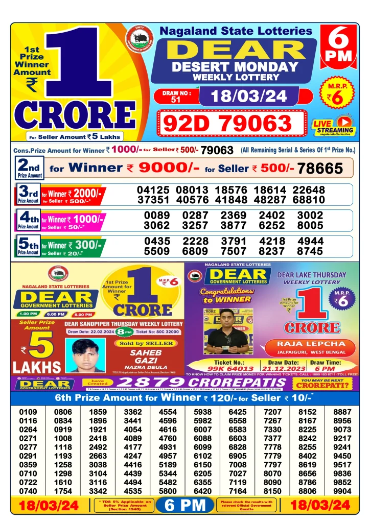 Lottery Sambad Day Result 6 PM 18.3.2024