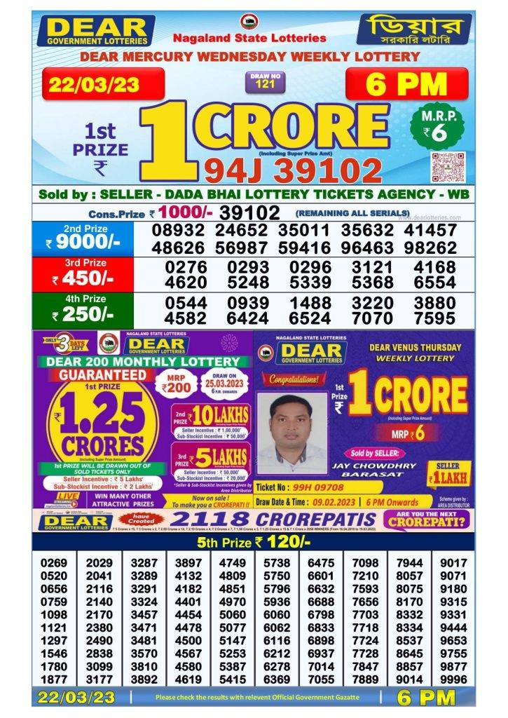 Lottery Sambad Day Result 6 PM 22.3.2023