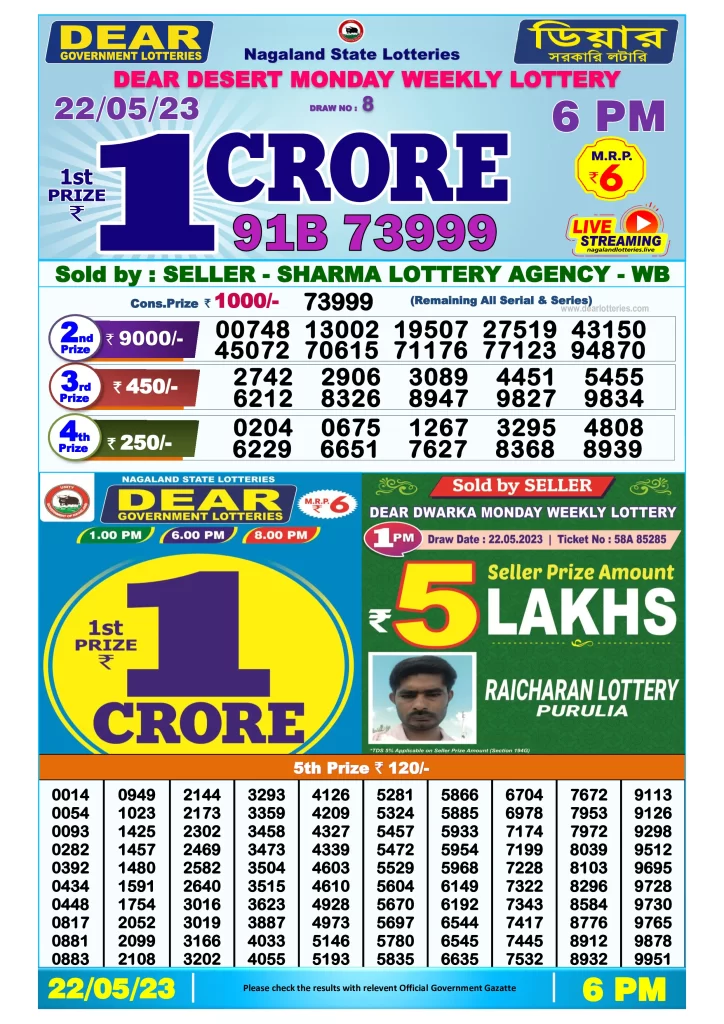 Lottery Sambad Day Result 6 PM 22.5.2023