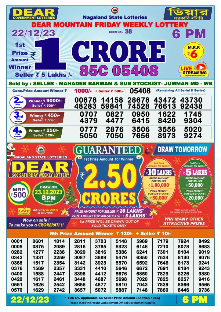 Lottery Sambad Day Result 6 PM 22.12.2023