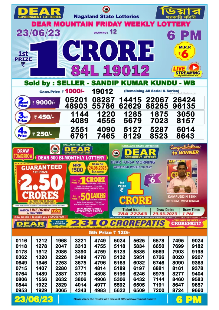 Lottery Sambad Day Result 6 PM 23.6.2023