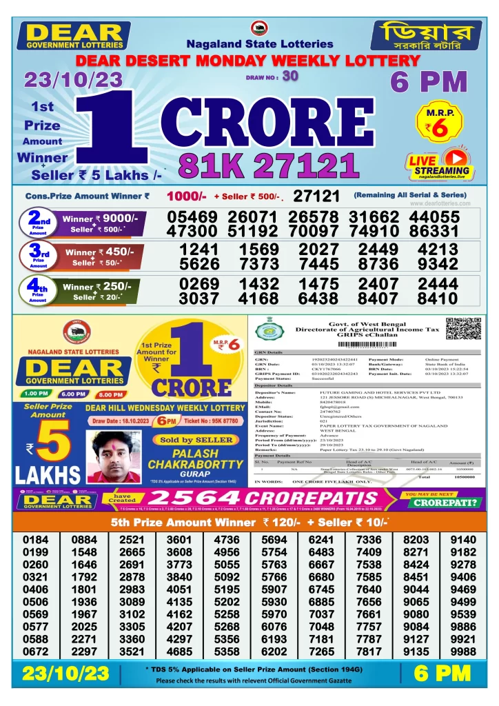 Lottery Sambad Day Result 6 PM 23.10.2023