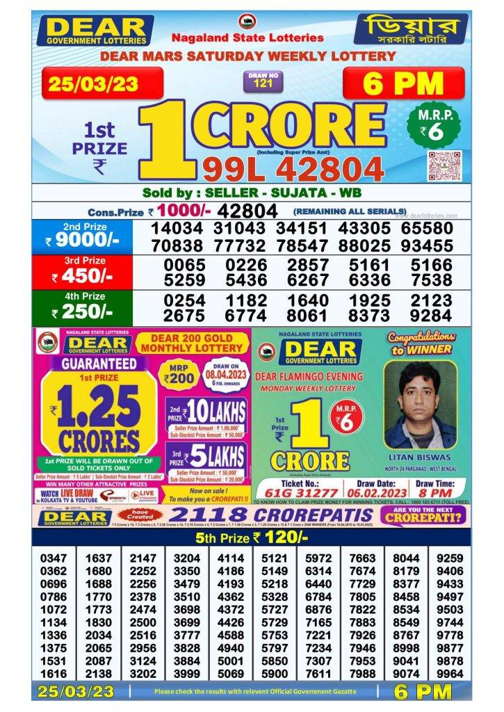 Lottery Sambad Day Result 6 PM 25.3.2023