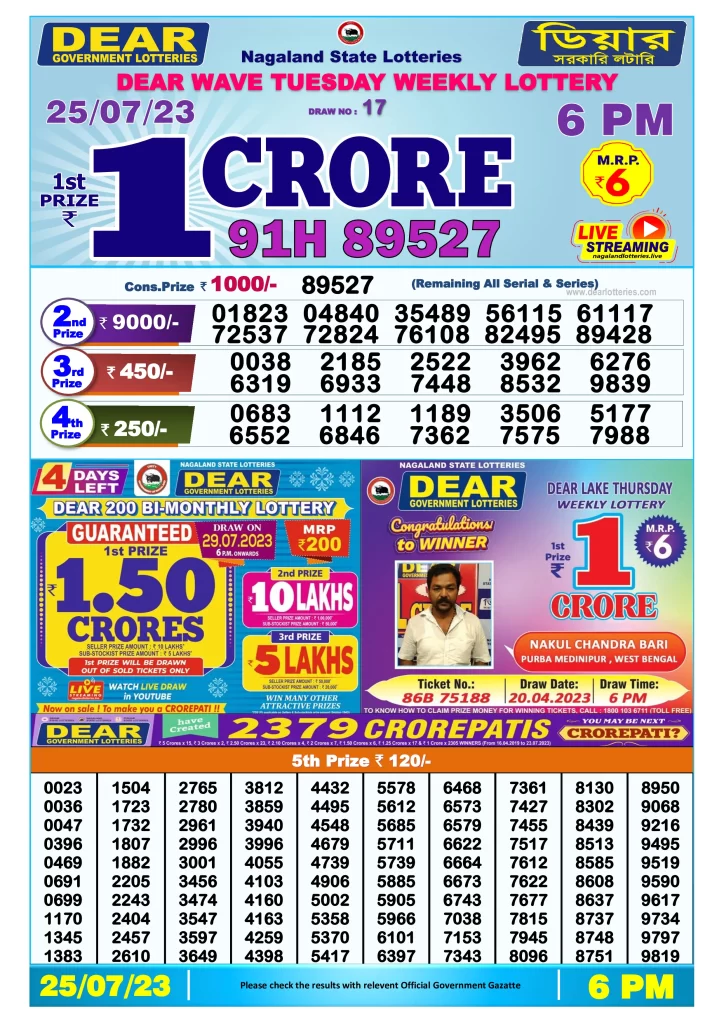 Lottery Sambad Day Result 6 PM 25.7.2023