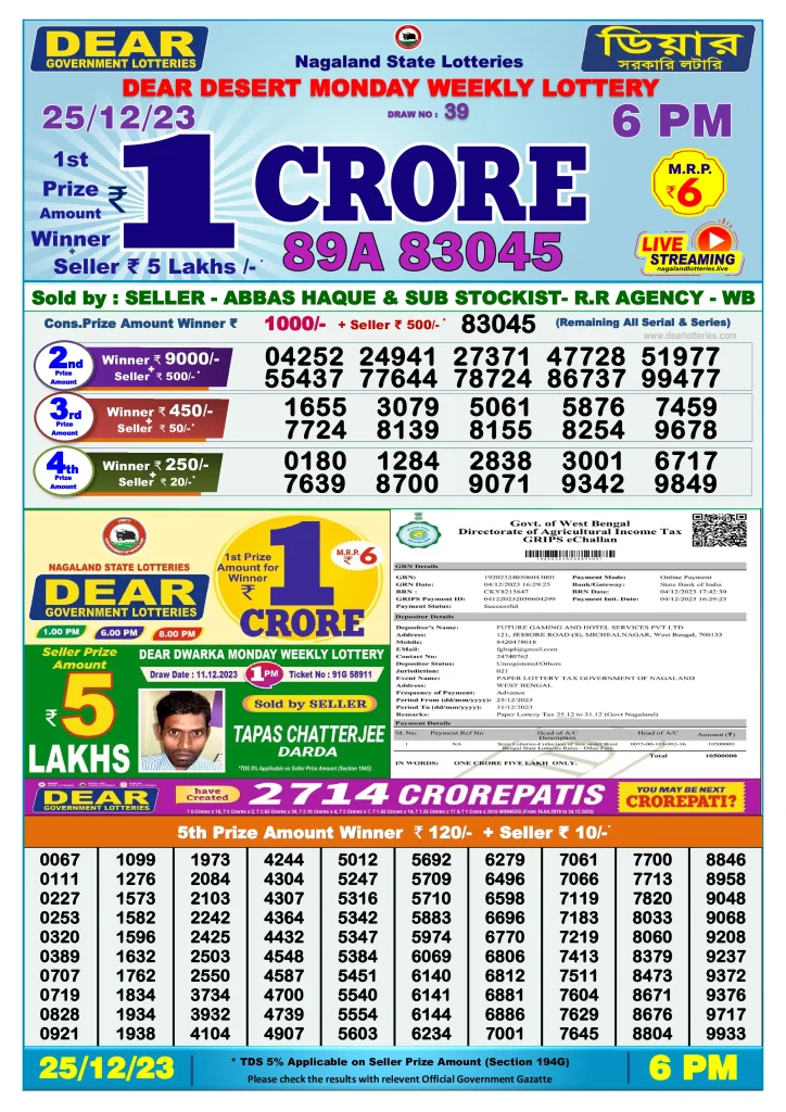 Lottery Sambad Day Result 6 PM 25.12.2023