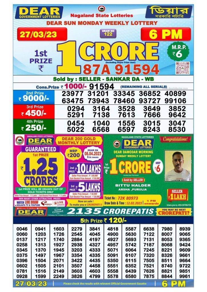 Lottery Sambad Day Result 6 PM 27.3.2023