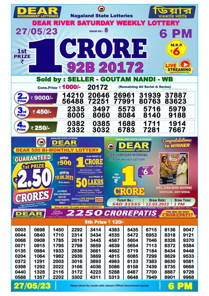Lottery Sambad Day Result 6 PM 27.5.2023