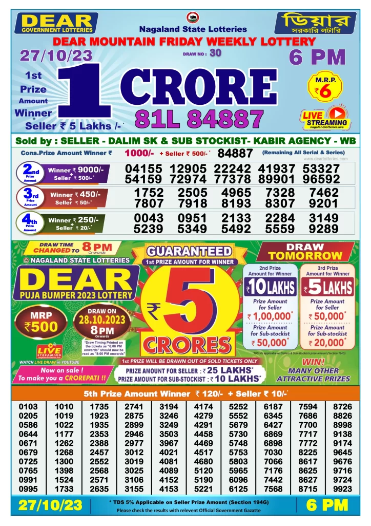 Lottery Sambad Day Result 6 PM 27.10.2023