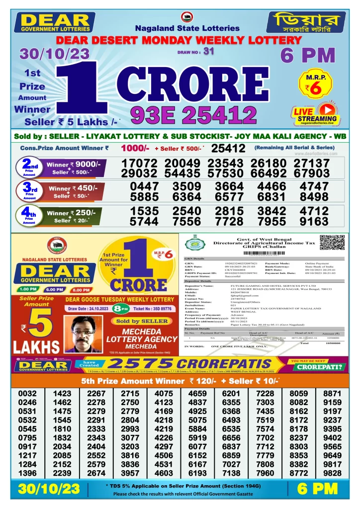 Lottery Sambad Day Result 6 PM 30.10.2023