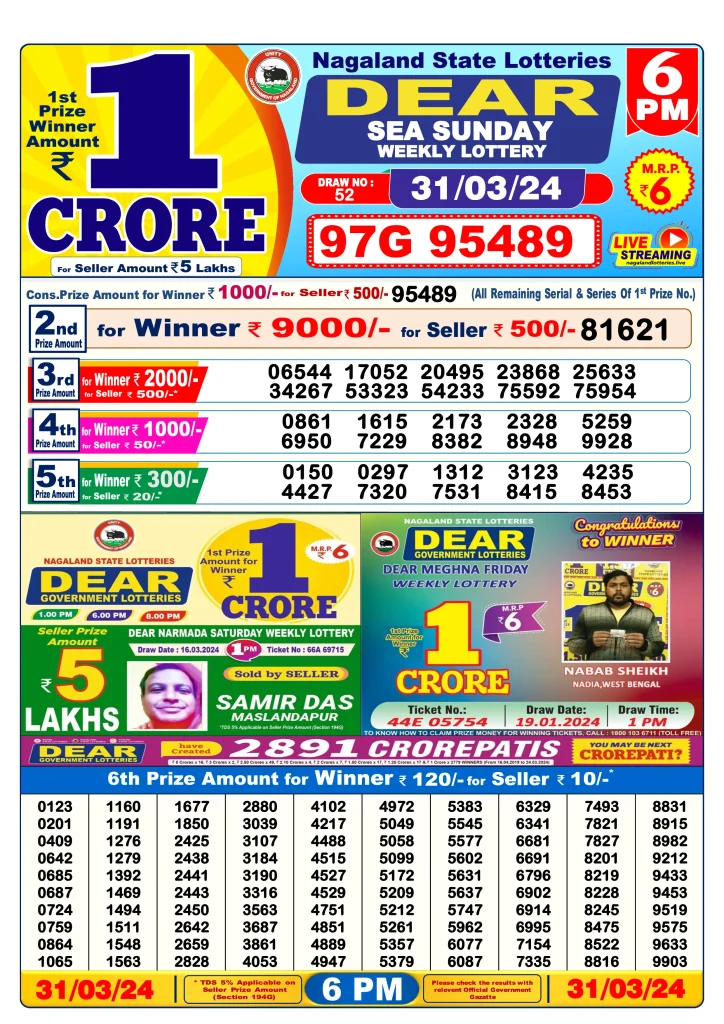Lottery Sambad Day Result 6 PM 31.3.2024