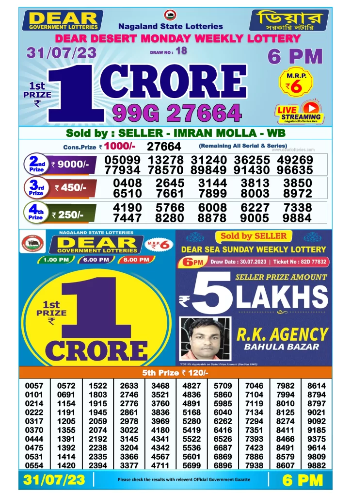 Lottery Sambad Day Result 6 PM 31.7.2023
