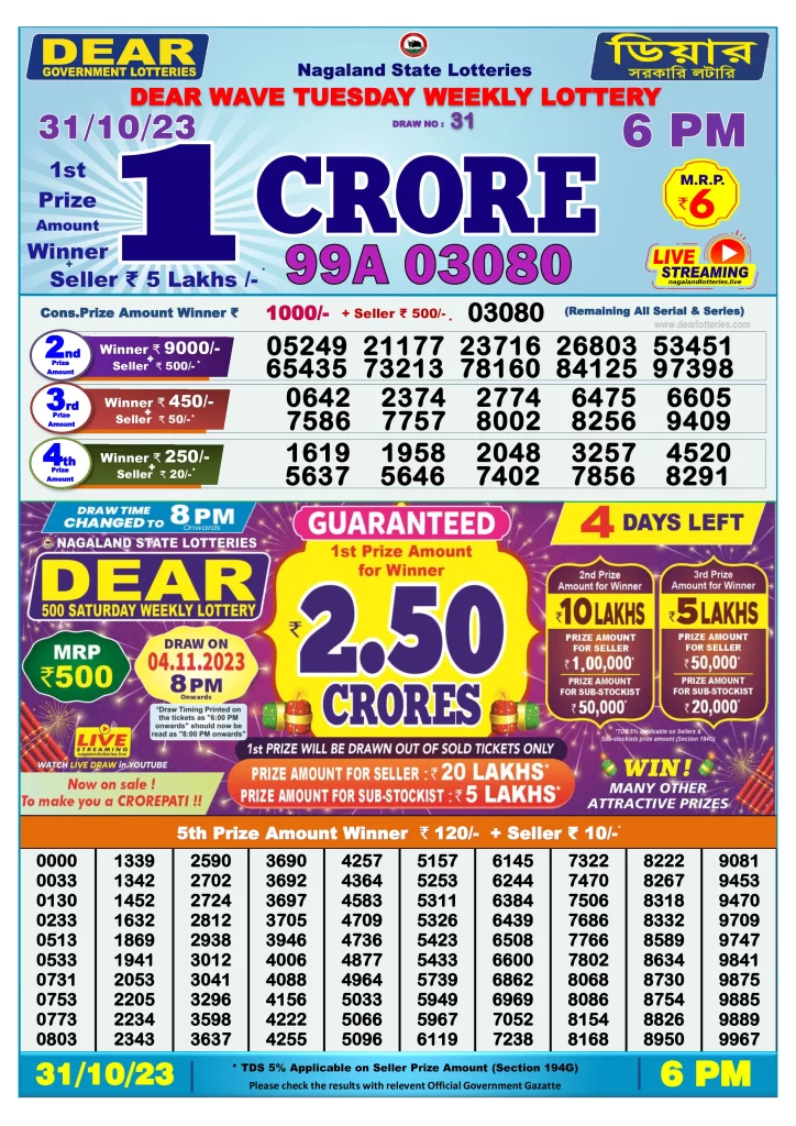 Maharashtra State Lottery 4:30 PM Result 31.10.2023
