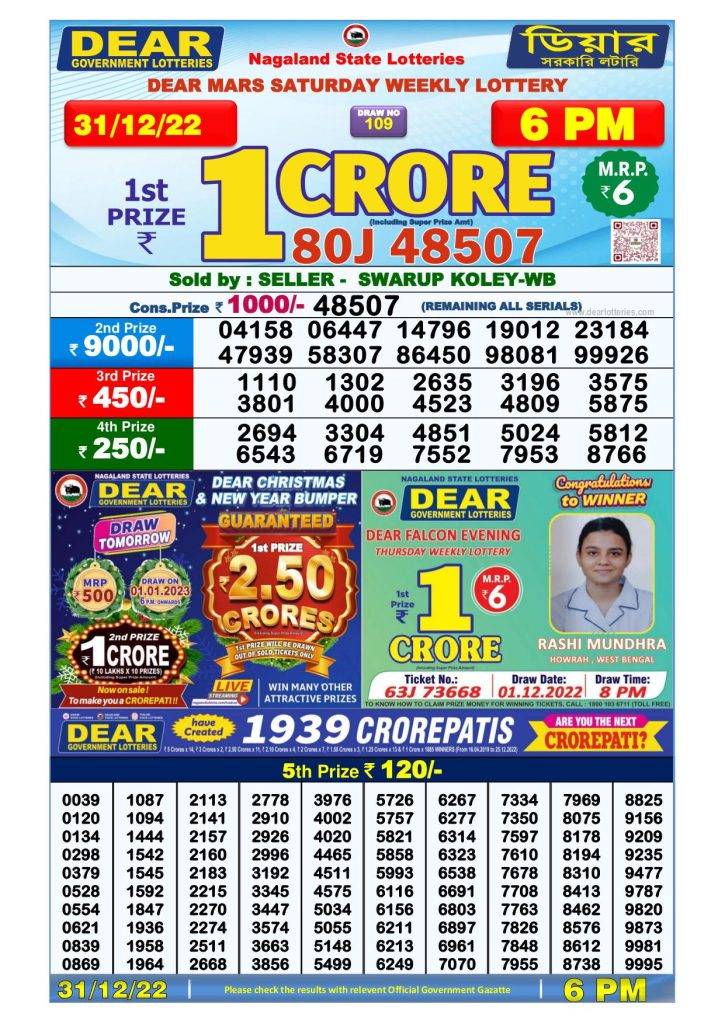 Lottery Sambad Day Result 6 PM 31.12.2022