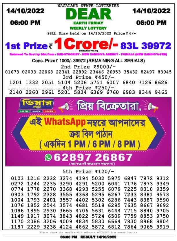 Lottery Sambad Day Result 6 PM 14.10.2022