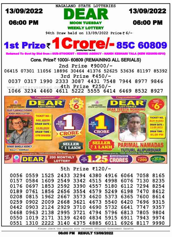 Lottery Sambad Day Result 6 PM 13.9.2022