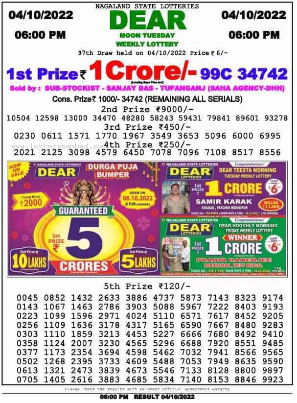 Lottery Sambad Day Result 6 PM 4.10.2022