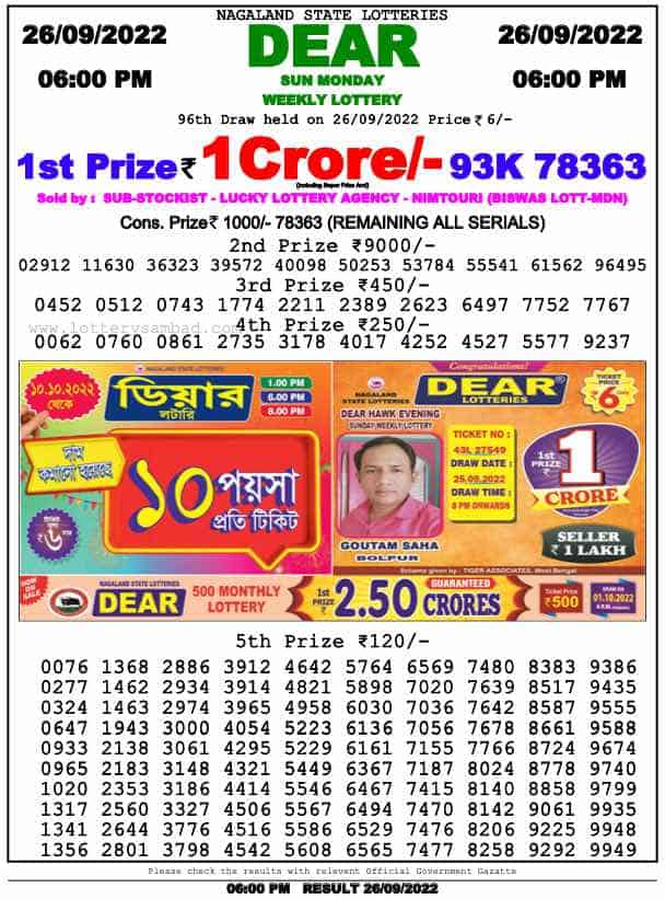 Lottery Sambad Day Result 6 PM 26.9.2022
