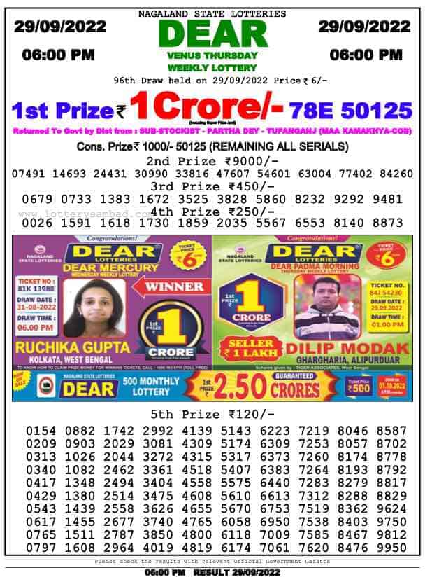 Lottery Sambad Day Result 6 PM 29.9.2022